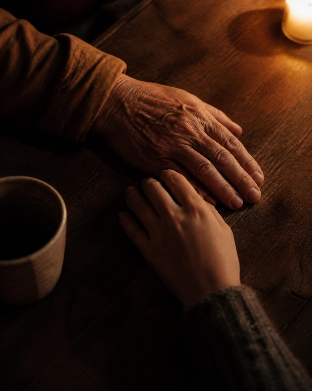 Two hands resting across a candlelit table